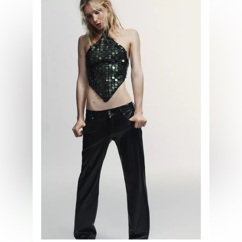 Zara SEQUIN HALTER TOP dark green